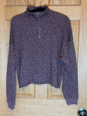 American Eagle Cropped 1/4 Zip Pullover sweatshirt purple leopard print size SM